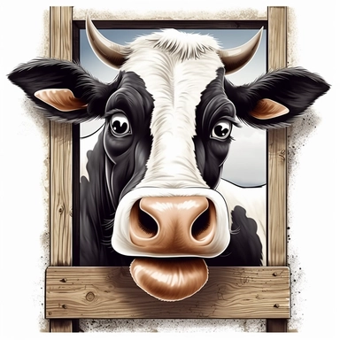 Cute Beautiful Happy Face Funny Black And White Heifer Outside The Farm Background Window Sublimation Clipart ,Cartoon,hyper realistic, intricate detail, illustration style,high solution,on the white background