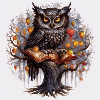 Watercolour dark fantasy black royal gothic deadly nightshade tree stood with dark magic books with deadly nightshade lanterns magnificent gothic owl stood on tree with mesmerising compelling features perfect magnificent detailed wings beautiful compelling realistic eyes PNG image ultra highly detailed, 18k, sharp focus, bright photo with rich colours digitally enhanced, enhanced graphics, straight, sharp focus, bright lighting, intricate detailed png image ,high definition,300dpi,graphic clipar