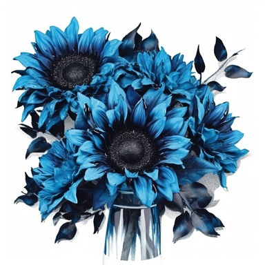 Behold a magnificent bouquet of blue sunflowers, their majestic petals dancing gracefully with hints of cerulean and azure hues. The contrast of their vibrant blue against the inky black centers captivates the eye and evokes a sense of wonder. With a whiteground in clipart