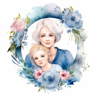 cute watercolor clipart with pale skinned older mom and adult daughter hugging echother in circle, beautiful, hight quality, pastel colors, white background, decorated with blue peonies