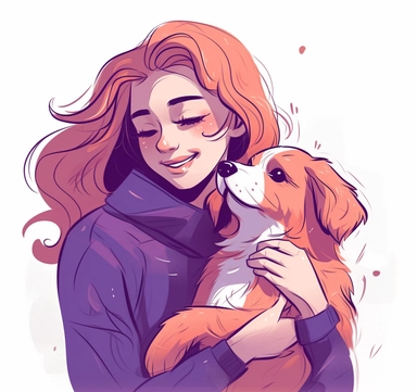 young happy pet parent vector clipart, in the style of psychological phenomena illustrations, light purple and crimson, animated gifs, light orange and indigo, meticulous design, animals and people, sketch-like