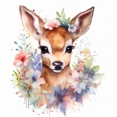 Imagine a captivating watercolor clipart masterpiece showcasing the innocent and irresistible cuteness of a deer with large horns exploring a lush forest, full body character. The illustration should embody the soft and subtle nature of a pastel watercolor style, ensuring every minute detail of the deer's features and the surrounding foliage is brought to life with crystal-clear high focus. To accentuate the illustration's beauty, please provide a very high-quality ultra HD 16K image on a solid 