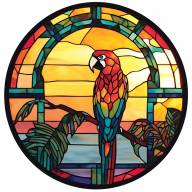 parrot on stained glass retro sunset, vector, clipart, white background, isolated, no background, .75 inch gutter all the way around, diecut circle