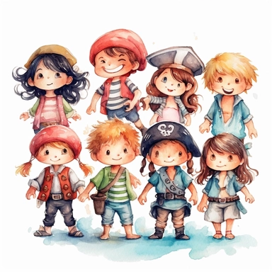a stylized cartoon watercolor clipart illustration in a white background of a group of cute pirate kids