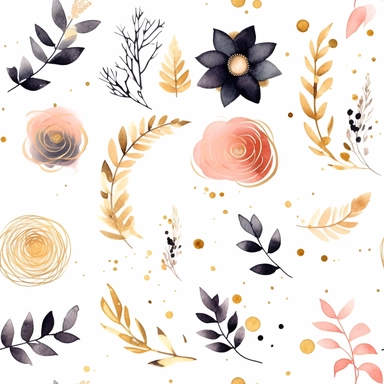 Draw a watercolor-style clip art images that feature objects related to an aesthetic adorned with floral designs. The images should have aesthetic, and should incorporate elements such as watercolor [gold] whimsical and cute illustration Watercolor Clipart, details with black ornaments on the body, in a Scandinavian folk art style with botanical and swirl motifs. light pink gold colors Traditional with a modern twist watercoloritem collection, isolated on a white background, gourmet, classy, sim