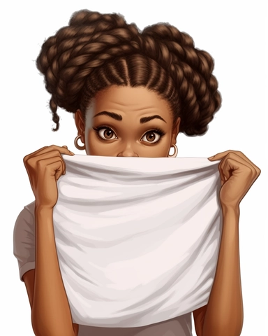 Cartoon Clipart braided hair girl holding a blank blank background, Norman Rockwell a young african american woman holding up a white sheet stock photo, in the style of street style realism, uhd image, illustrated advertisements, eye-catching composition, photorealistic detail, light silver and brown, matte photo