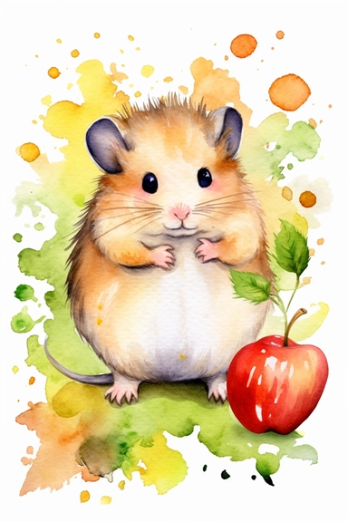 Create a watercolor clipart picture of a hamster next to an apple, white background. The hamster should have a cute and happy expression, with its fur depicted in soft watercolor textures. Surround the hamster with small flowers and greenery, adding a whimsical touch to the scene.