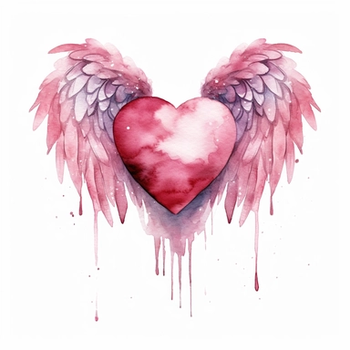 single wedding heart with wings clipart, in the style of watercolor on a white background