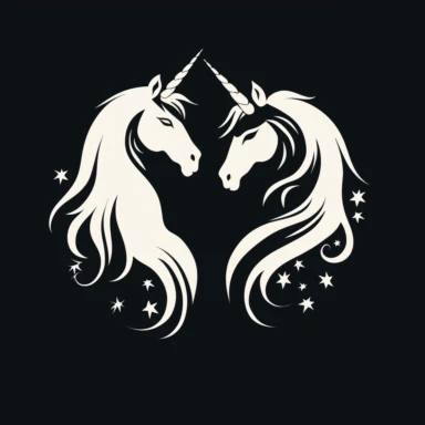 Minimalist white on black background negative space unicorns, flat, clipart