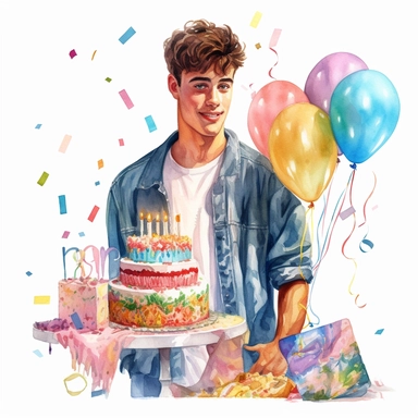 watercolor of a birthday 21 year old boy isolated on a white background, detailed ,realistic ,rtx on,textural richness,colorful imagery,digital illustration, clipart,