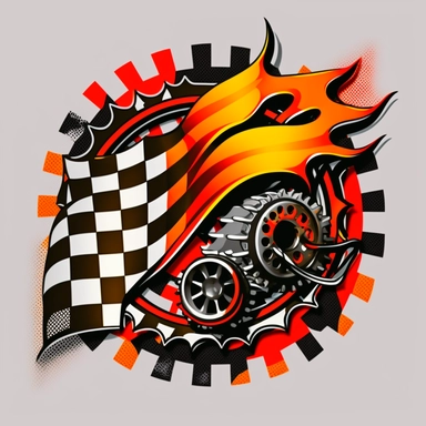 a racing logo Clipart design decal for 2 stroke engine parts include clutch gears race flag checkered pattern, orange red yellow and black colors