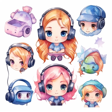 a watercolor Kawaii looking gamer chibi accessoire on white background as clipart. 6 panels with very different items.