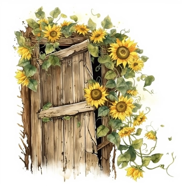 clusters of very tiny sunflowers growing around old barn door that is falling apart watercolor clipart no fonts no words no letters