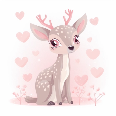 baby deer with hearts clipart, vector cartoon nursery illustration, flat illustration, pastel colors, white background, very low detail, ar 2:3