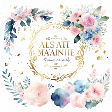 watercolor marriage anniversary clipart collection, white background, white, pink, blue and gold illustrations