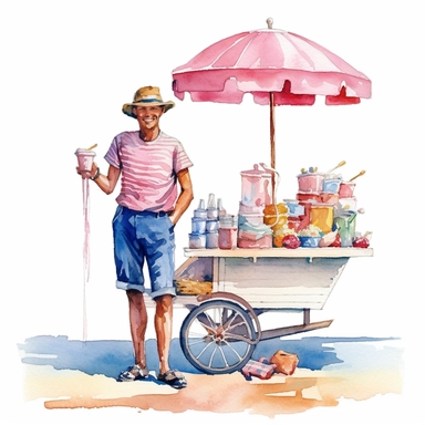 a watercolor clipart on isolated white background of a man selling ice cream on an ocean beach.