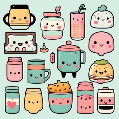 Let Kawaii style take center stage in a clipart collection featuring endearing everyday objects. Create delightful characters out of items like pencils, books, and teacups. Give them big eyes, blushing cheeks, and playful expressions that will melt hearts. Incorporate pastel colors, polka dots, and cute patterns to add charm and whimsy to your Kawaii clipart set. It's all about turning ordinary objects into irresistibly adorable companions. Kawaii. White Background, soft lighting.