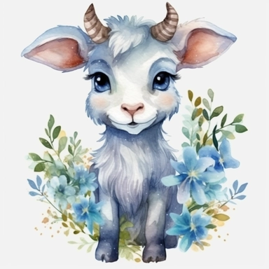 a standing blue baby horned goat with cute big eyes, happy smiling face, cute animal, adorable, playful atitude, adorable watercolor animal clipart with a few plant and flower decor, no background, high quality