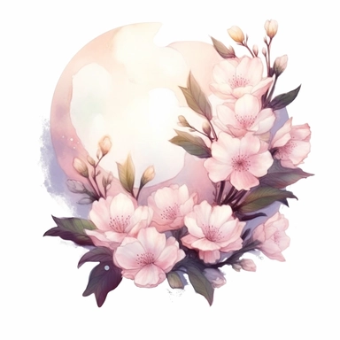 Ethereal watercolor depiction of pink flowers softly illuminated by the gentle glow of a full moon, captured from a side angle, with the ethereal light adding a touch of magic, mystery, and a sense of otherworldly beauty to the composition, clipart on a clean white background.