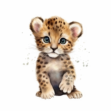 an active baby leopard with kind eyes clipart with watercolor illustration,full body shot,8k,etsy style, white background