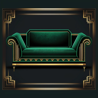 isolated, forward, deep emerald modern sofa with an art deco rug with gold edging Clipart laying on the floor, on black background, illustration