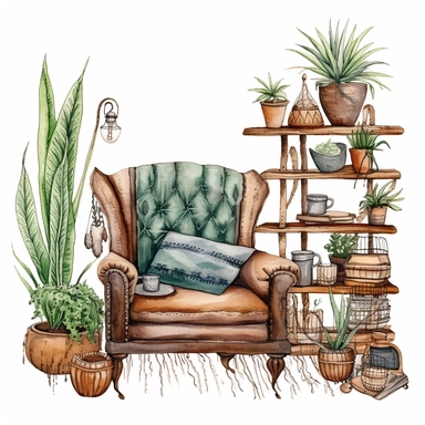 A boho style resting corner with watercolor effect,boho style tools,boho furnitures,coffee table,feathers,boho style details,boho colors,suitable for digital clipart,white background,boho style green plants