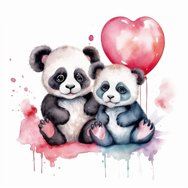 Clipart watercolor, white background: Two cute laughing baby pandas sitting side by side, holding a heart-shaped balloons, detailed, white background