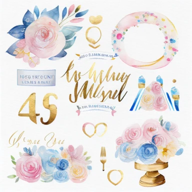 watercolor marriage anniversary clipart collection, white background, white, pink, blue and gold illustrations