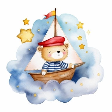 dreamy night sky clouds and a swarm of golden stars. a cute plushie sailor bear in a blue and white striped shirt and a sailor hat and a small red bowtie, in a wooden sailboat with a white sail, sailing on fluffy clouds, not sea. prominent visible brush strokes, watercolour texture, watercolor clipart png on white background