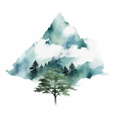 one paint mountain and tree clipart on a white background, in the style of dark green and aquamarine, dye-transfer, david nordahl, chinese watercolor, bright colors, bold shapes, nature-inspired camouflage, mist , no watermark, text, words, paintbrush, 300 DPI, typography, the images do not stick together, no text in the picture