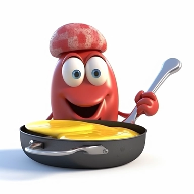3d render, funny cartoon character flexible hand cooking breakfast in a pan, clip art isolated on white background. Social media metaphor, recommendation concept , UHD, 8k,
