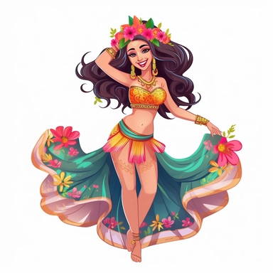 cute girl belly dancer outfit with olorfull flower in her hair with beautiful smile,vector style , clipart, sticker, white background, no shadow, 8k detail