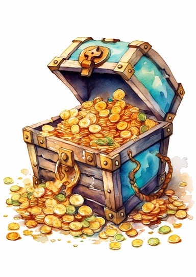 cute watercolor underwater pirate treasure chest full of gold clipart, full body, hd, on white background, spaced out