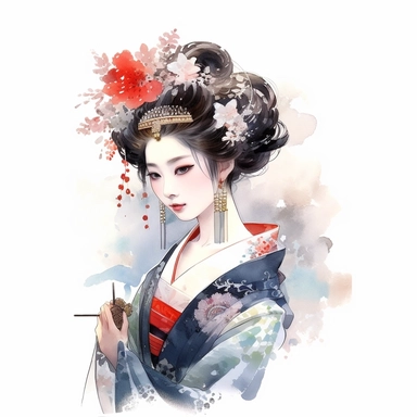 watercolor, white background, clipart, watercolor, white background, ultra-realistic and hyper-detailed clipart, 2d animation style, very beautiful confident Elegant geisha wearing a traditional hairpin (kanzashi)