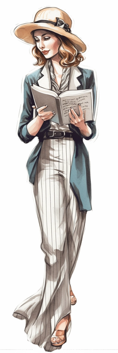 boss lady with formal clothing and baseball hat reading book watercolor clipart black lines white background