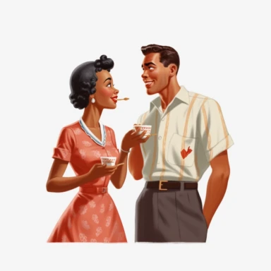 vintage 1950s illustration black woman talking to husband Clipart, on a white background, vintage aesthetic, character focus, 4K resolution, no background, realistic rendering, use using Cinema 4D