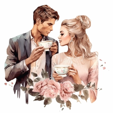 beauty couple drinking coffee, vintage cups, flower digital clipart on white background