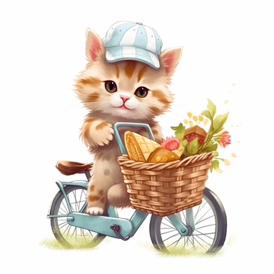 Create a clipart of a cute kitten riding a bicycle with a basket full of picnic food, ready for a day in the park. Low detail. White background, soft lighting. In the style of Bob Ross