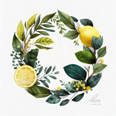 circle leaves and lemon arangement, watercolor style, clipart, white background