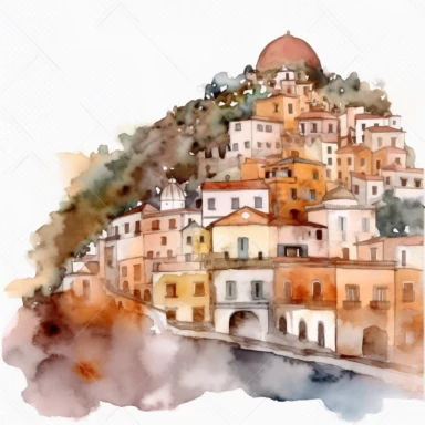 Watercolor Autumn houses in a street in Positano Italy Clipart water color cinematic impressionism transparent background abstract high quality