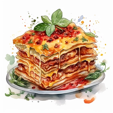 Create mouthwatering visuals of layered pasta, meaty sauce, and gooey cheese with watercolor clipart that depicts the beloved comfort food, lasagna, hyper realistic, white background