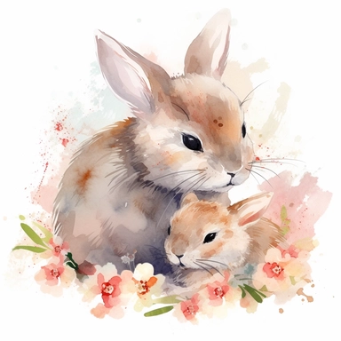 watercolor clipart baby bunny cuddling mother