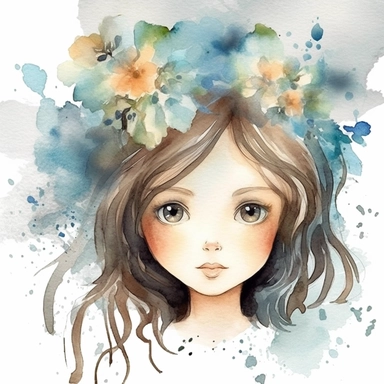 watercolour clipart of a girl, with crazy brown hair, blue-gray eyes, the sweet and scatterbrained dreamer, with a great sense of humor. She immerses herself in the world of digital design, creating exquisite papers for scrapbook albums. Though she may often forget things, her delicate touch and gentle nature shine through her artistry, make her smiling, exalted mood, white background, 8k, f1