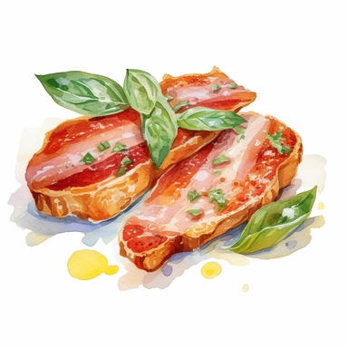 Saltimbocca alla Romana: Veal or chicken cutlets with prosciutto and sage, watercolor clipart illustration, flat blank transparent background, food photography, soft cinematic lights, juicy, bright, high quality, ultra detailed, 32k