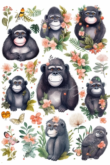 a whimsical cute Gorilla cartoon clipart collection on white background with margins, watercolor, sprite sheet, 2d, icon, sticker art