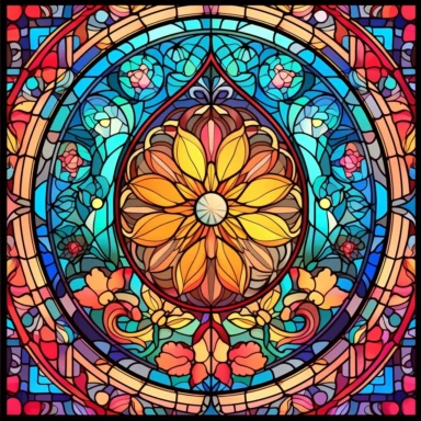 clipart, an intricate stained glass window design clipart, in the style of art nouveau, #screenshotsaturday, reimagined religious art, multiple shapes,islamic art and architecture, no background, vibrant colors, sunshine coming in through the glass, flowers at the bottom, dramatic lighting
