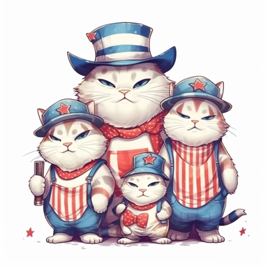 a family of fat chubby cat on 4th of July dressed in America t-shirts, funny, very funny, clipart with crisp lines and white background