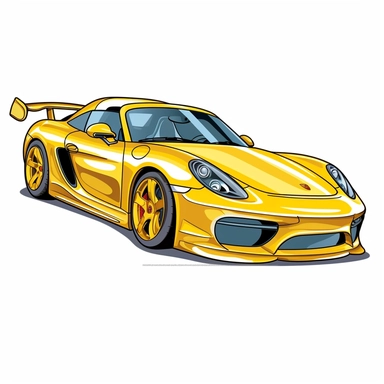 a yellow sports car cartoon clipart on a white background, caricature-like, two dimensional