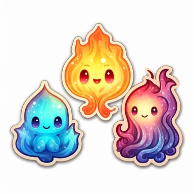 3 stickers with white background and border, emoji clipart as cute fire elementals, high res, iridescent, some bioluminescent