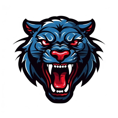 2d, flat, sports team logo style, clipart, front of face, panther, black with teeth, white background, no highlights, not a tiger. red tongue, white teeth, blue fur